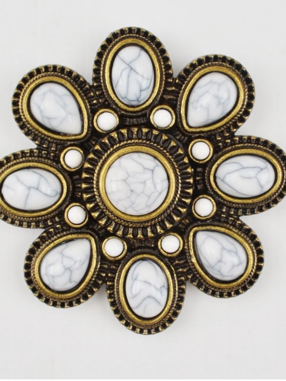 Antique-Style White Marble Floral Brooch with Brass Accents marked